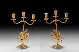 Handmade Bronze Pair of Horse Candlesticks 3 Arms Large Hand-Polished