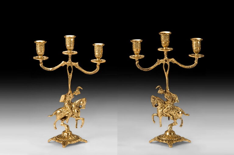 Handmade Bronze Pair of Horse Candlesticks 3 Arms Large Hand-Polished