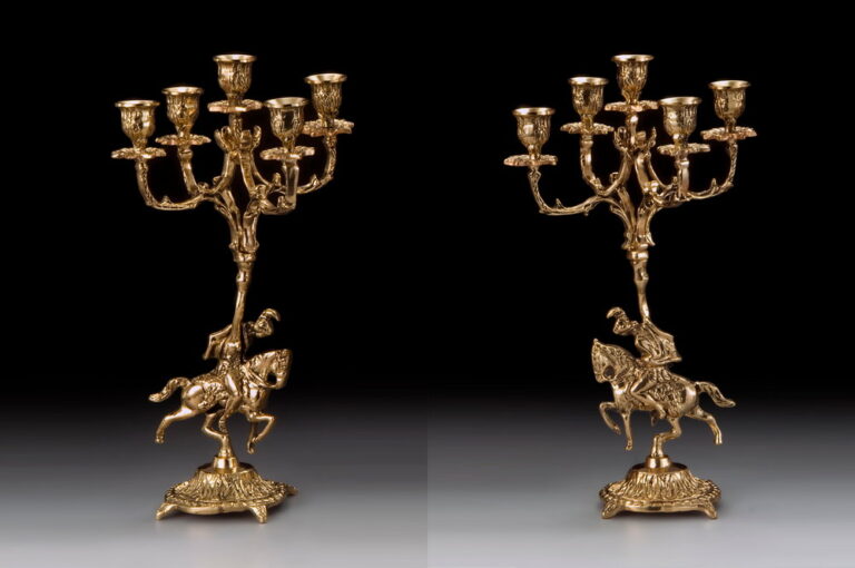 Handmade Bronze Pair of Horse Candlesticks 5 Arms Large Hand-Polished