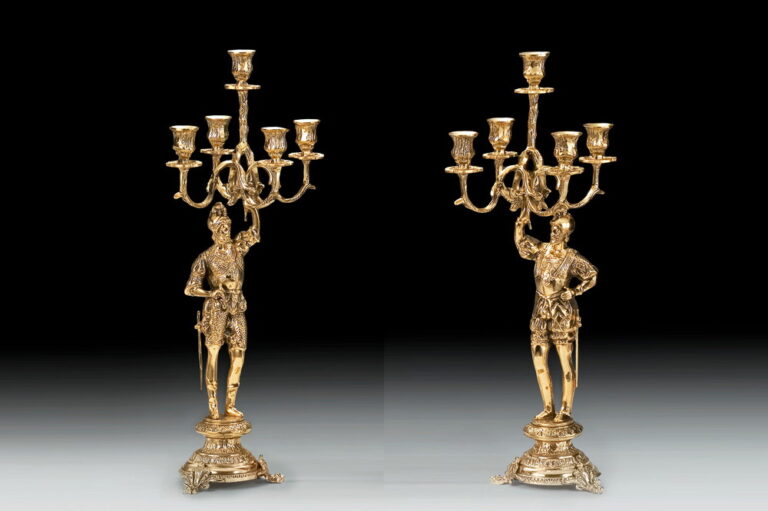 Handmade Bronze Pair of Warrior Candlesticks 5 Arms