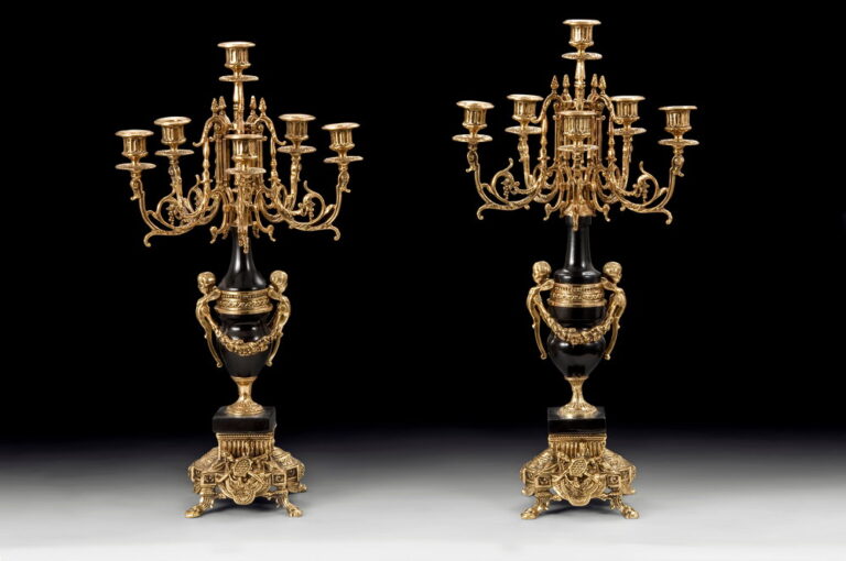 Handmade Bronze Pair of Angel Candlesticks Black Marble