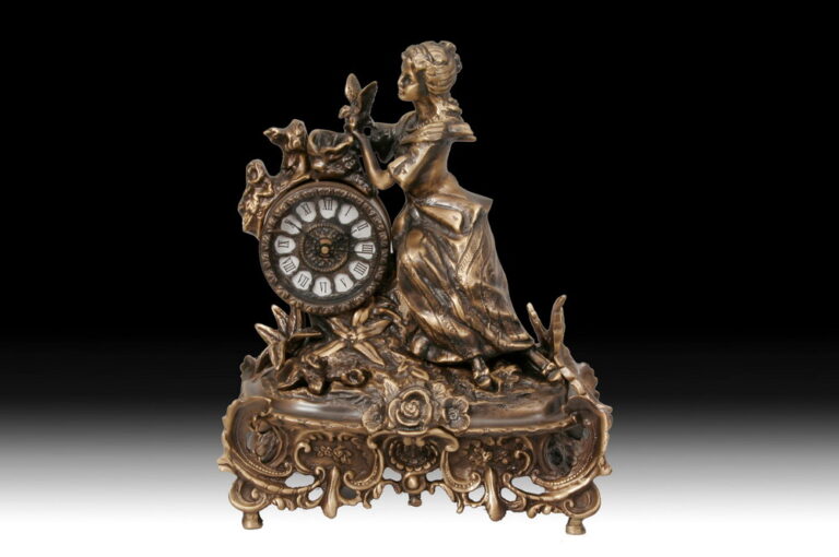 Handmade Bronze Mantle Clock Lady with Roses