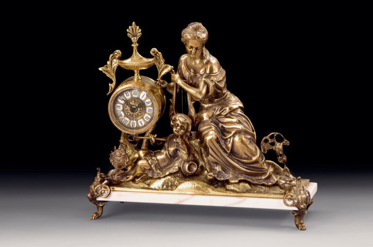 Handmade Bronze Mantle Clock Lady with Harp