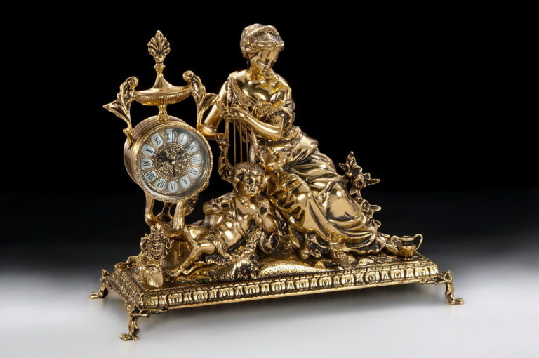Handmade Bronze Mantle Clock Lady with Harp on Bronze Base