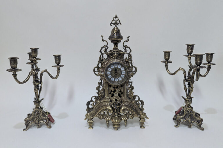 Handmade Set of Table Clock with Candelabras Perf