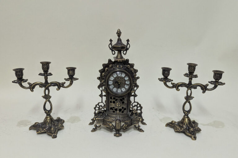 Handmade Set of Table Clock with Candelabras Tower