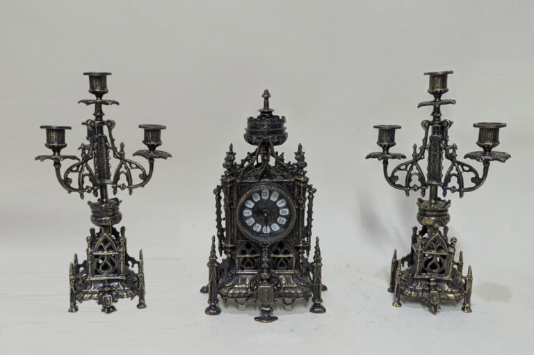 Handmade Set of Table Clock with Candelabras Castle