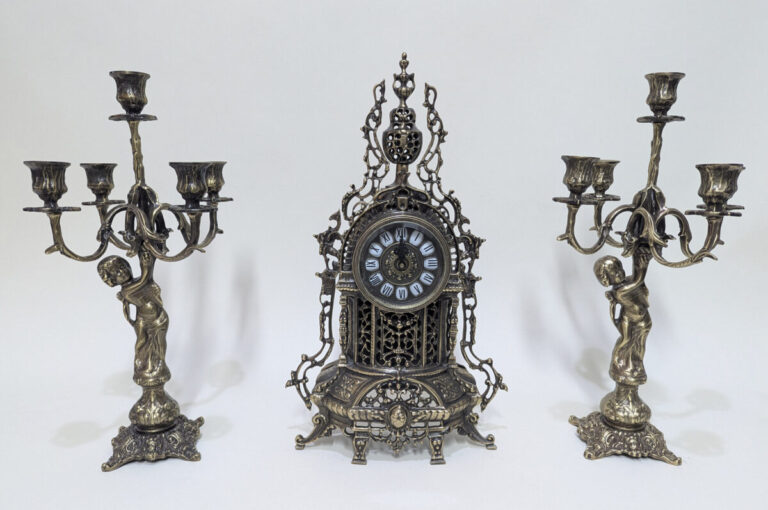 Handmade Set of Table Clock with Candelabras Pineaple with Angel