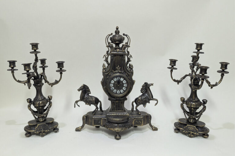 Handmade Set of Table Clock with Candelabras Ancient