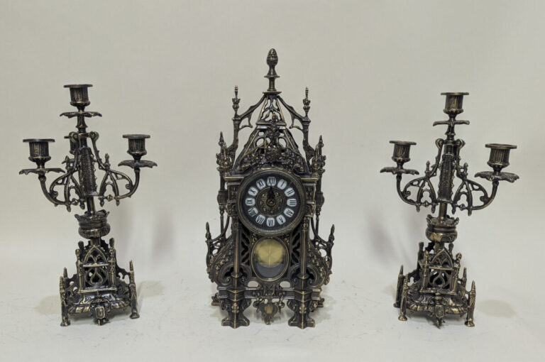 53964185_Handmade_Bronze_Decor_Set_of_Table_Clock_with_Candelabras_Gothic_with_Pend Handmade Set of Table Clock with Candelabras Gothic with Pend.