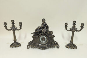 Handmade Set of Table Clock with Candelabras Lady with Book