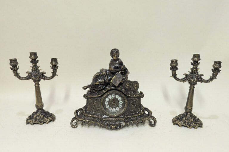 Handmade Set of Table Clock with Candelabras Lady with Book