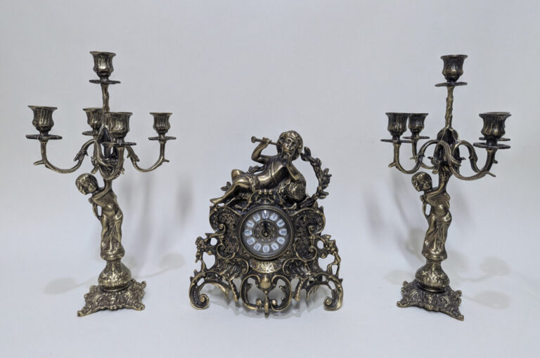 Handmade Set of Table Clock with Candelabras Angels