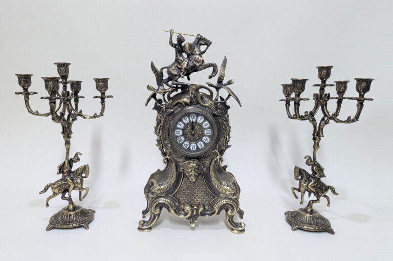 Handmade Set of Table Clock with Candelabras Horses
