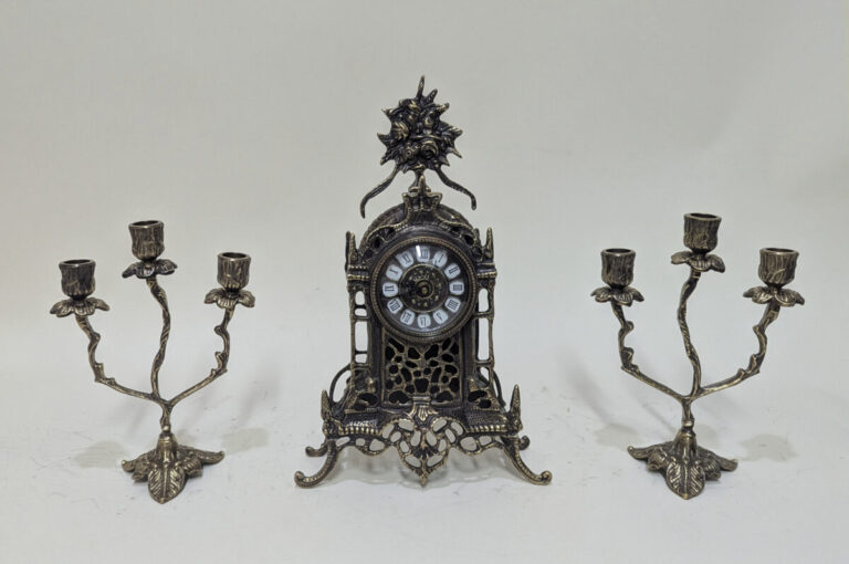 Handmade Set of Table Clock with Candelabras Cathedral with Flowers