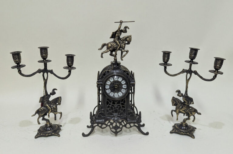 Handmade Set of Table Clock with Candelabras Cathedral