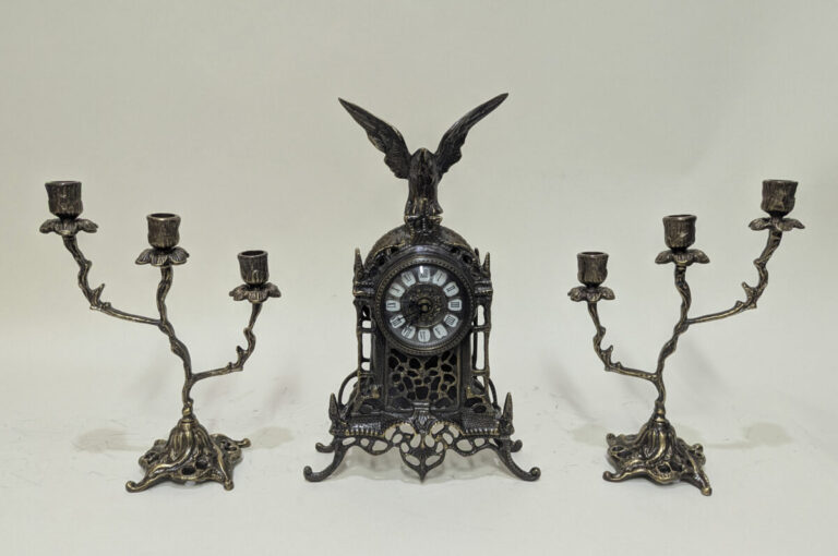 Handmade Set of Table Clock with Candelabras Cathedral with Eagle