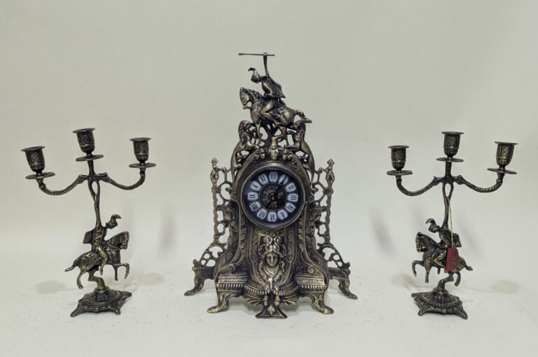 Handmade Set of Table Clock with Candelabras Lion and Horse