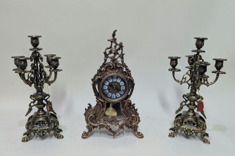 Handmade Set of Table Clock with Candelabras Louis XV