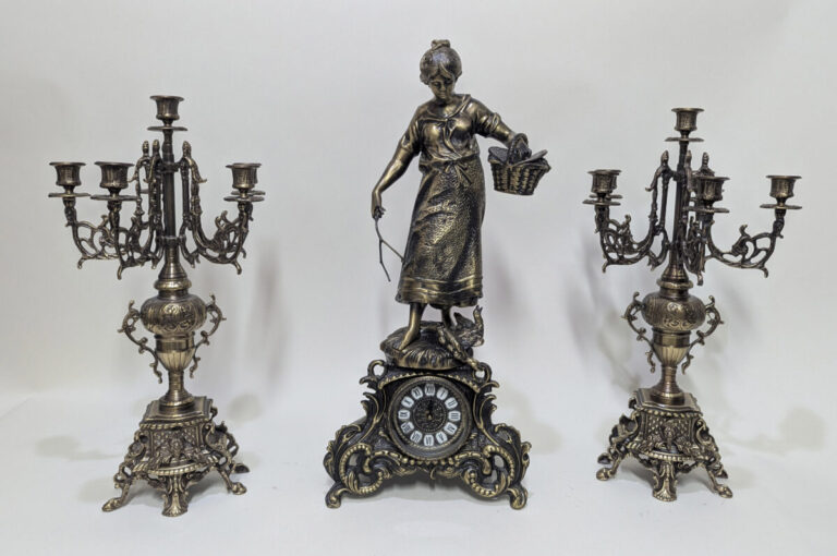 Handmade Set of Table Clock with Candelabras Lady Gigant
