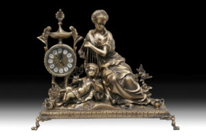 Handmade Table Clock Lady with Arp on Bronze Base