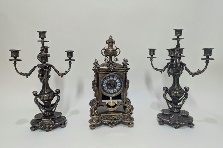 Handmade Set of Table Clock with Candelabras French